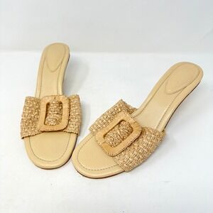 Schutz Cinna Raffia Kitten Heel Mule Sandals Natural Tan 10.5